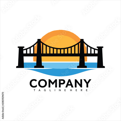 Modern vector graphic illustration of a suspension bridge at sunset with a company logo and tagline on a white background with blue water and orange sky.