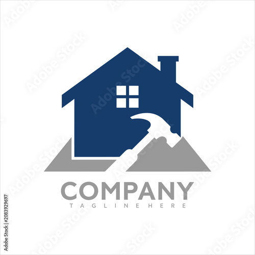 Modern vector graphic illustration of a house with a wave on a mountain, representing a company logo design with a blue and gray color scheme and placeholder text.