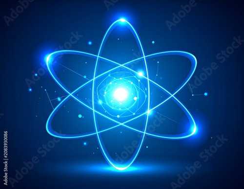 Abstract blue atom on blue background. Science and technology concept. Vector illustration
