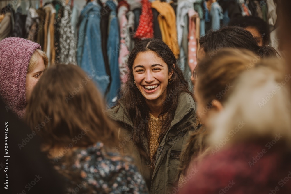 Fototapeta premium People exchange garments during a swap event with smiles in a lively venue, creating connections and sharing clothing items