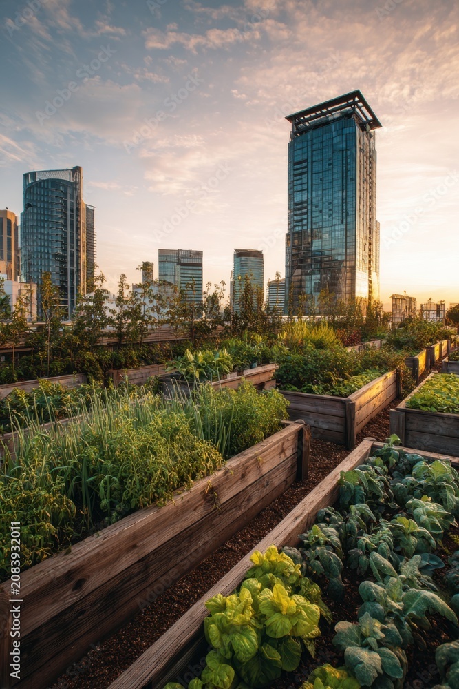 Fototapeta premium Rooftop garden with raised vegetable beds and herbs in a city skyline at sunset with tall buildings in the background