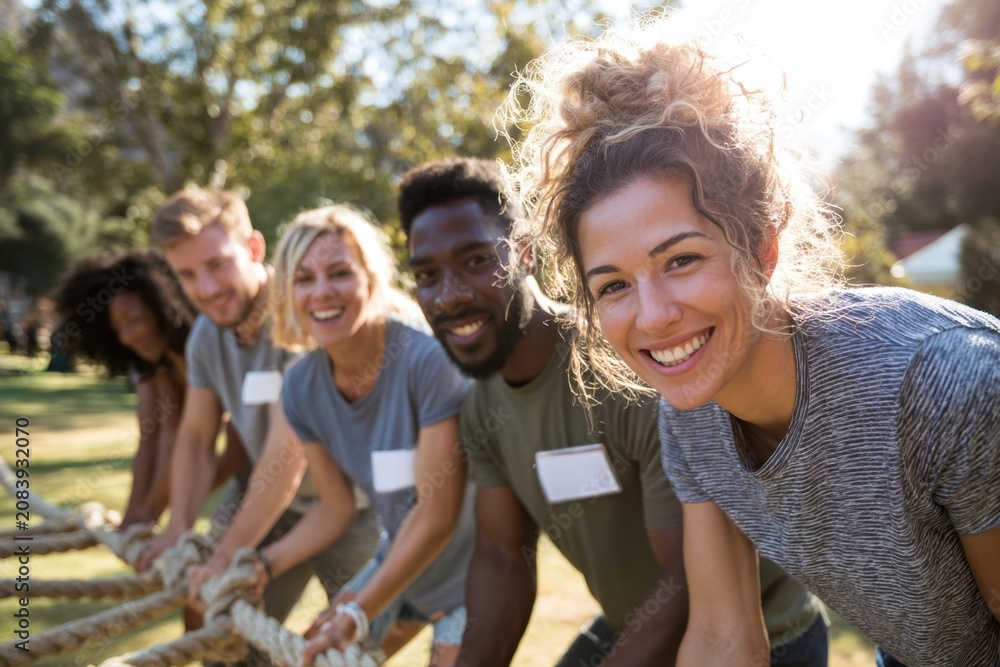 Obraz premium Corporate team engages in outdoor team-building activity during sunny day at park