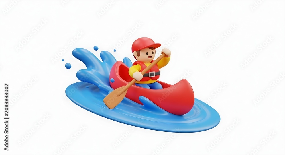 Naklejka premium 3D cartoon illustration of a man in a red kayak paddling through blue water with a white background