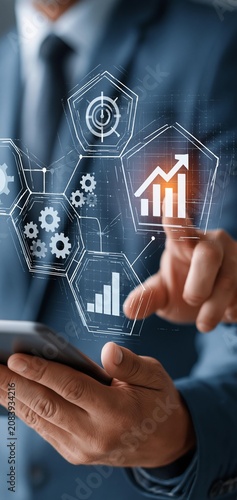 Business professional using tablet and touching virtual digital transformation workflow interface with growth chart target icon automation data analytics and connected process in modern office