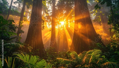 Majestic sunbeams pierce through a dense, ancient forest canopy, illuminating lush foliage and towering trees.