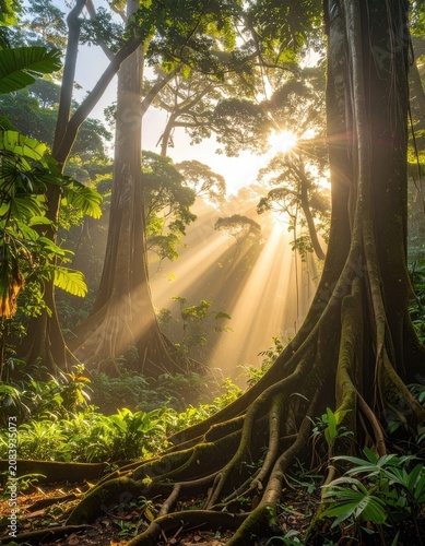 Sunbeams pierce through a lush, dense rainforest canopy, illuminating ancient tree roots and vibrant green foliage.