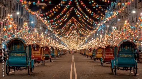 Illuminated street with hand-pulled rickshaws in Kolkata, India during a festival celebration