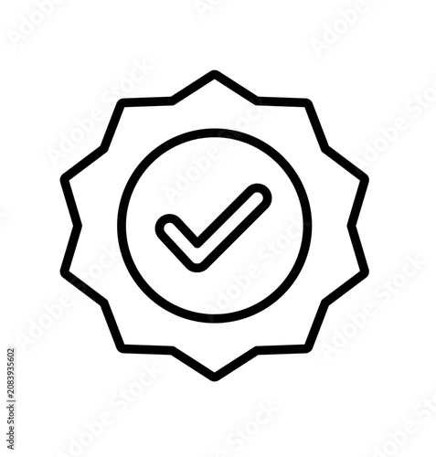 Vector line art checkmark badge icon, symbolizing successful verification, quality assurance, and confirmed approval in digital design and web applications
