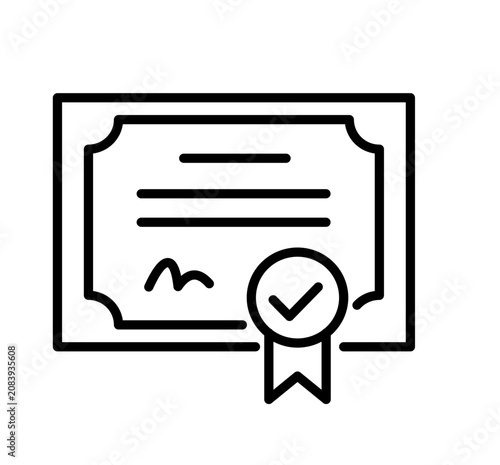 Outline Vector Icon of a Diploma or Certificate with a Checkmark Seal Representing Achievement, Quality Assurance, and Successful Completion of an Educational Program or Professional Award