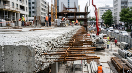 Construction site with unfinished concrete floor slab edge and protruding reinforcement bar