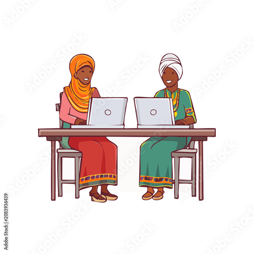 Two women using laptops at a table in flat illustration style