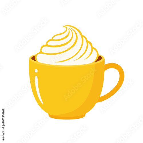 Yellow coffee cup with whipped cream, flat vector illustration