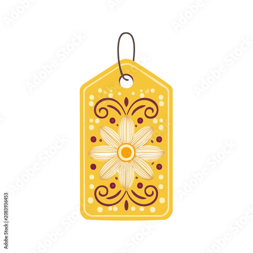 Yellow flower gift tag with swirls and dots