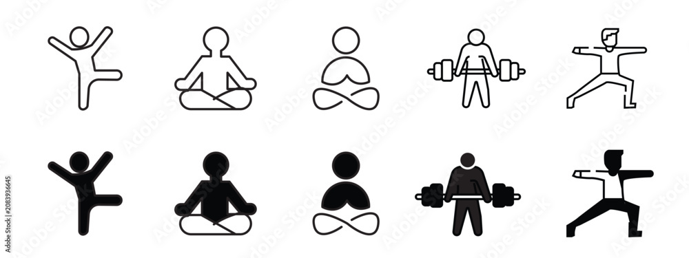 Obraz premium Yoga Pose Icon Set, Asana Fitness Meditation Body Stretching Gymnastics Vector Symbols