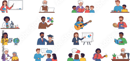 Diverse teacher and student character bundle learning music science math reading art and presentation vector