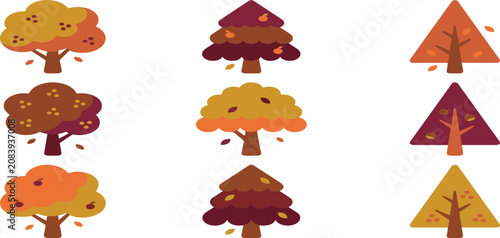 Minimalist autumn vector tree collection with colorful falling leaves in flat design style for background