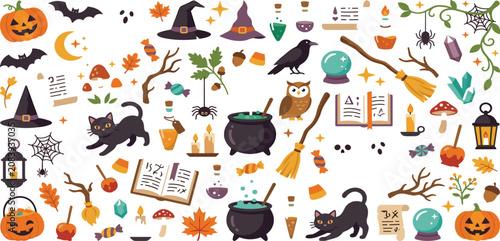 Spooky Halloween vector elements collection with cute black cats magic cauldrons pumpkins and witch hats