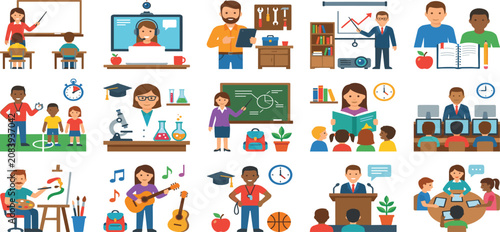 School education character bundle with diverse teachers and students learning science music art sports vector