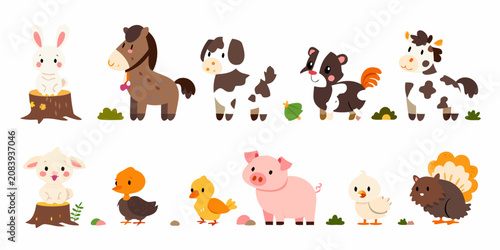 Bild auf Leinwand Cartoon Farm Animals Illustration Colorful Vector Graphics On White Background
