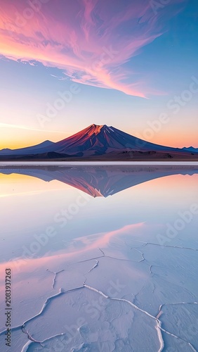 A majestic mountain reflects in a calm body of water under a vibrant sunset sky.