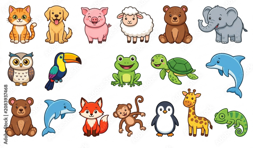 Fototapeta premium Animal Clipart Collection Vector EPS 10 Cute Cartoon Animals Isolated on White
