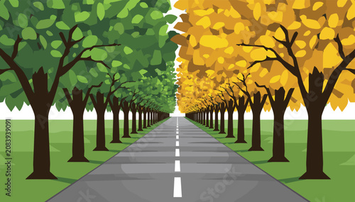 Bild auf Leinwand A symmetrical road lined with trees, half in lush green foliage and half in vibrant autumn colors, symbolizing the passage of time and seasons