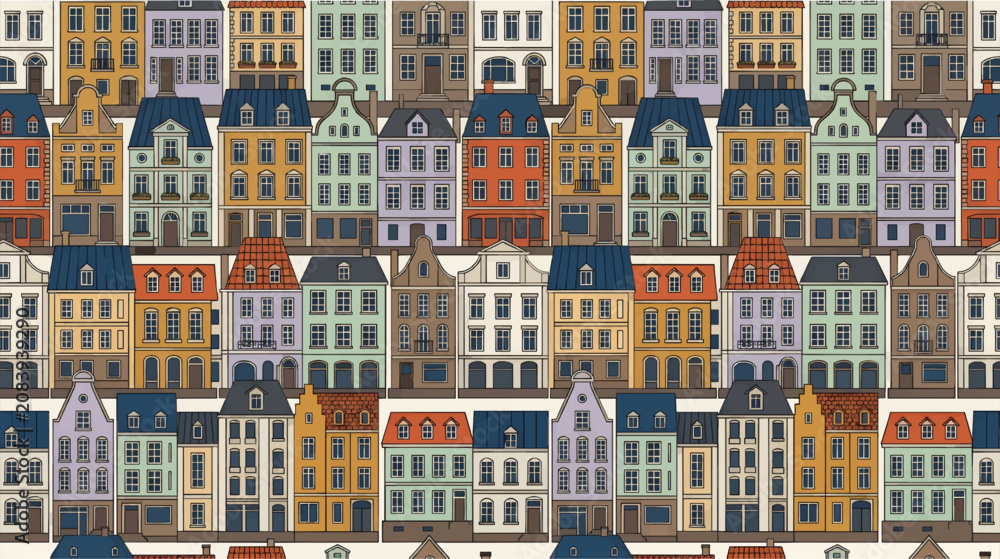 Obraz premium Seamless Repeating Pattern of Varied European Townhouse Designs, Flat Vector Illustration with Diverse Architectural Styles, Colorful Cityscape Elements on White Background, Graphic Resource for