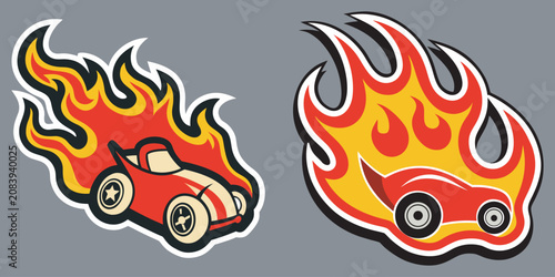 Red vintage race cars driving fast with large big flames.