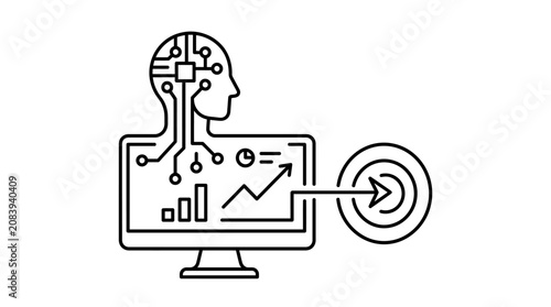 A line icon of a human head with a computer screen and a target.