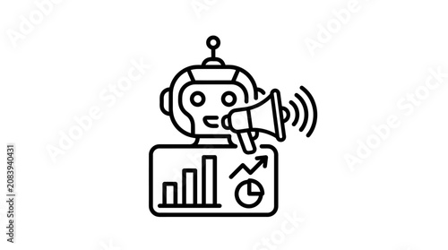 Robot with megaphone and statistics graph.