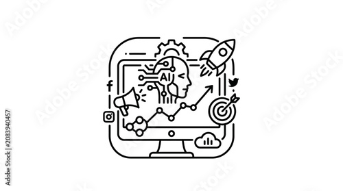 a computer screen with various business and technology symbols.