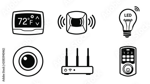 Smart home devices and technology icons.