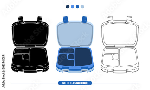 School lunch box vector illustration shown in open front view with compartment design in black, blue, and outline styles for education, packaging, branding, and product presentation.