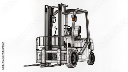 Industrial Forklift Truck Wireframe CAD Engineering Blueprint Technical 3D Visualization