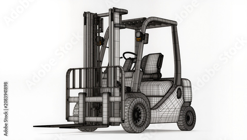 Industrial Forklift Truck Wireframe CAD Engineering Blueprint Technical 3D Visualization