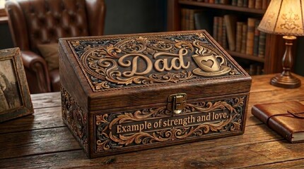 A wooden box with a tribute message to a father, sitting on a rustic office desk, intended as a Father's Day gift.