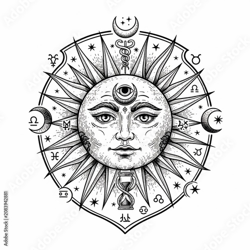 Cosmic Guardian's Gaze: Sun, Moon, Stars & Symbols