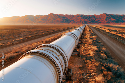 Long white industrial oil and gas pipeline stretching through vast desert landscape towards rugged mountains under bright sunset sky perspective drone view photography