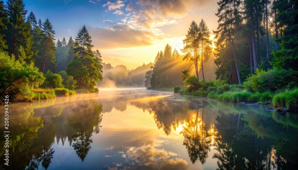 Obraz premium Serene forest river bathed in golden sunrise light with mist rising.