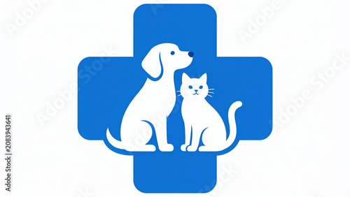 Veterinary Care Logo with Blue Medical Cross and Dog and Cat Silhouette
