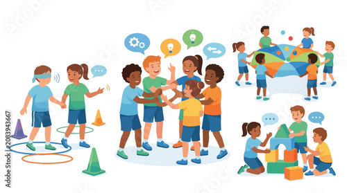 Diverse group of school children engaged in various collaborative learning and team building activities.