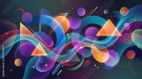 A vibrant and colorful abstract art piece with geometric shapes and swirling patterns