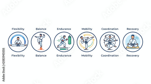 Martial arts training concept icons illustrating core fitness skills and techniques.
