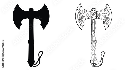 Photos Axe Double Headed Black Silhouette and White Outline Illustration with Intricate