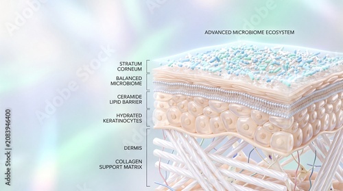 Cross section of healthy skin showing advanced microbiome ecosystem, stratum corneum, balanced microbiome, ceramide lipid barrier, hydrated keratinocytes, dermis, and collagen support matrix