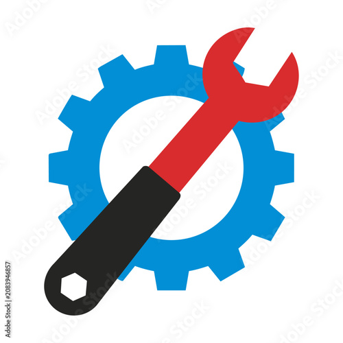 A stylized red open-end wrench layered over a blue cogwheel, featuring simple geometry and bold flat colors on a pure white background. Industrial tools concept