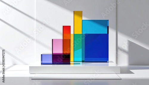 Abstract Composition of Rainbow Colored Glass Blocks in Ascending Order on a Pedestal with Sunlight and Shadows