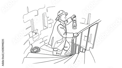 Foto Nautical lighthouse keeper vector illustration, vintage maritime worker ascendin