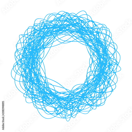 Abstract circular scribble of overlapping vibrant blue lines creating a dynamic interwoven pattern on a pure white background. Abstract geometric background