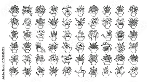 Foto 70 Plant Icons, detailed black and white vector line art illustrations of potted
